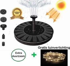 Solar Fontein Op Zonne Energie + Gratis Tuinverlichting - Fontein Pomp Voor Tuin / Vogelbad / Vijver / Zwembad – Energiezuinige Fontein – Milieuvriendelijke Fontein – 5 Opzetstukken – Water Fontein – Waterfontein – Vijver Tuindecoratie – Drijvende Fo